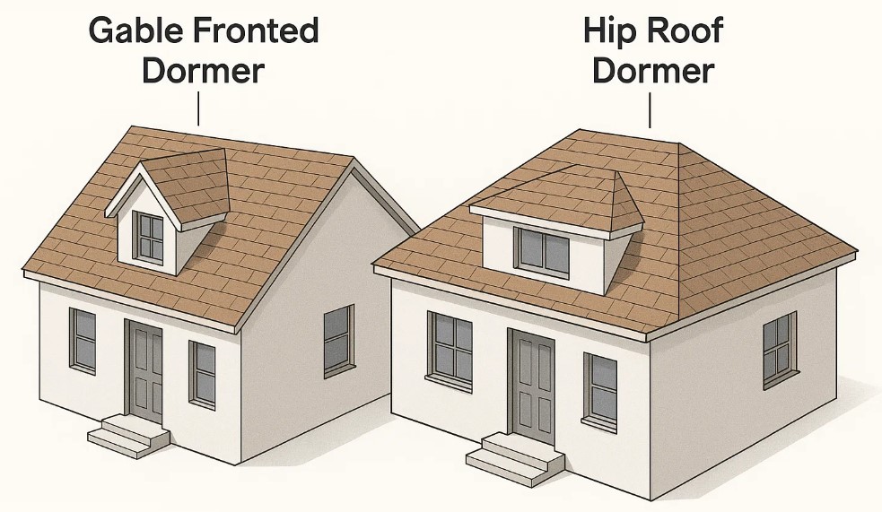 gable fronted dormer and hip roof dormer