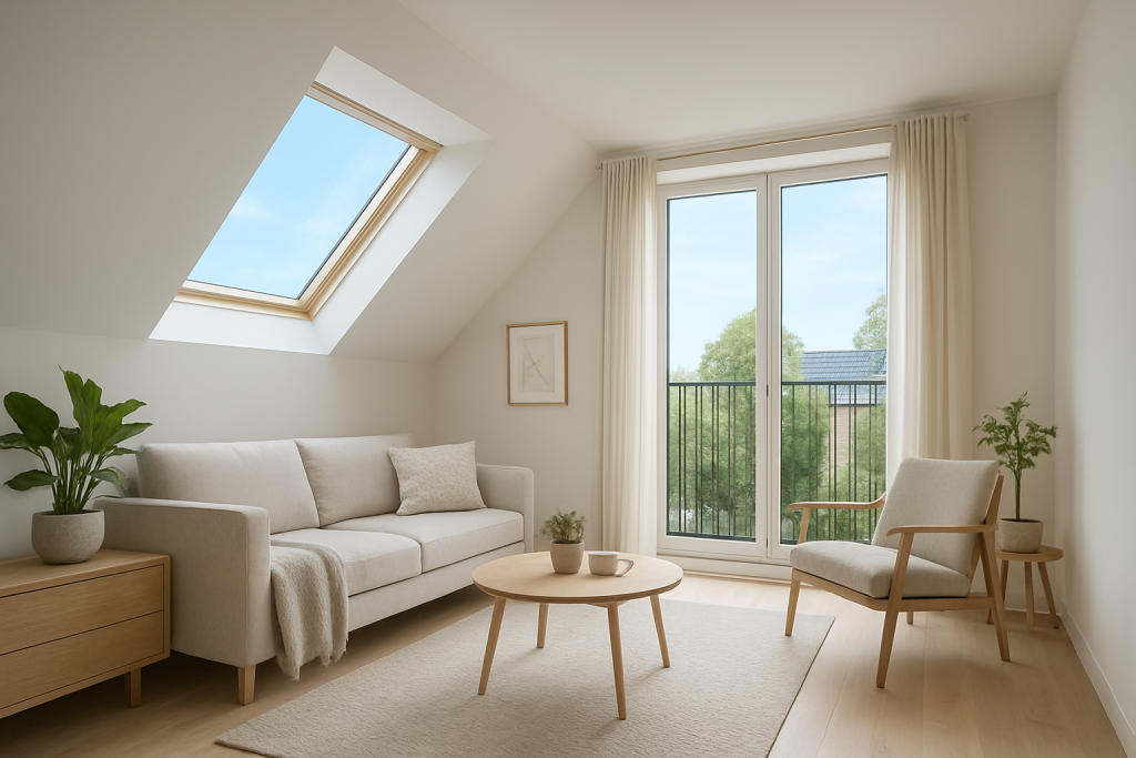 Bright loft living room with skylight and Juliet balcony maximising natural light and ventilation in modern attic space.