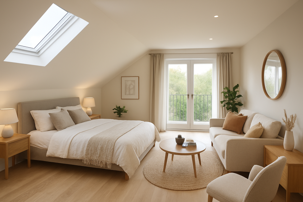 Modern loft conversion bedroom with skylight and minimalist design maximising space and natural light.