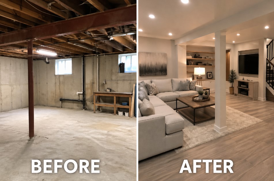 basement conversion before after